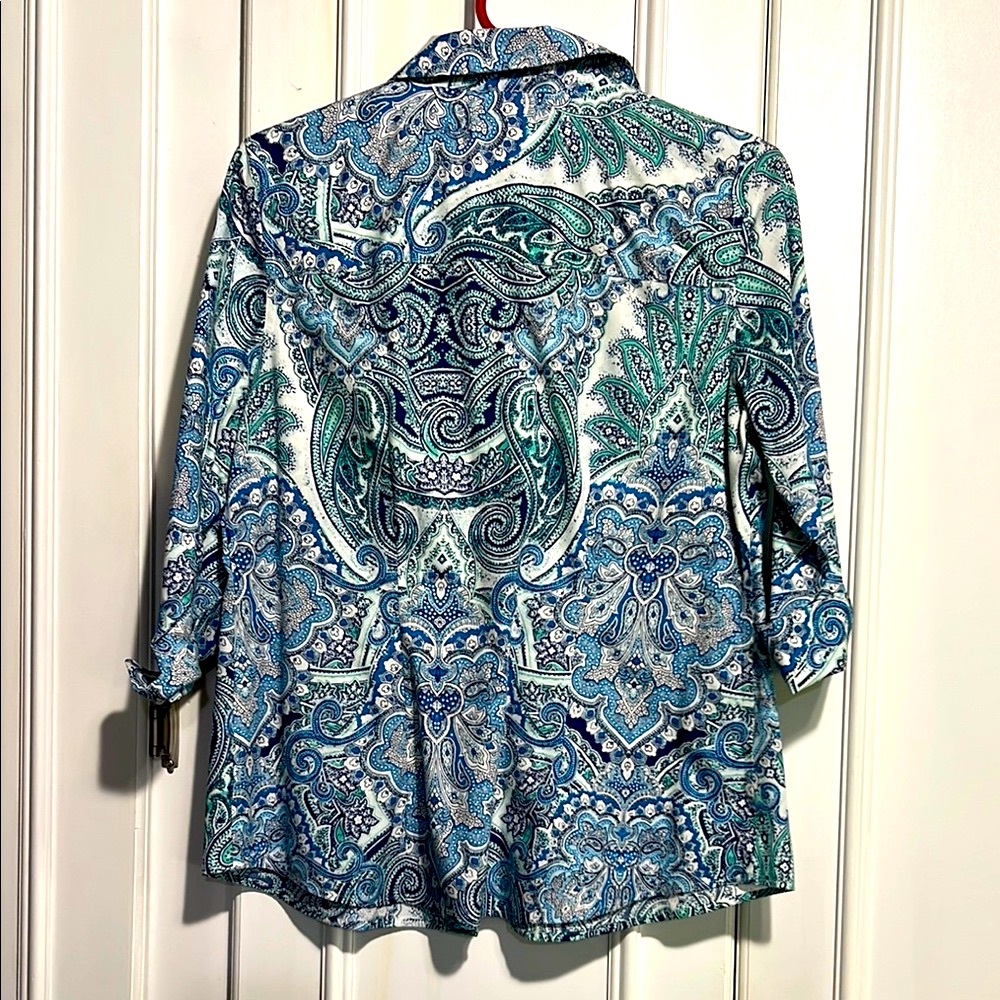Chico's Blue and Green Button Down Shirt with Notched Collar - Picture 3 of 4